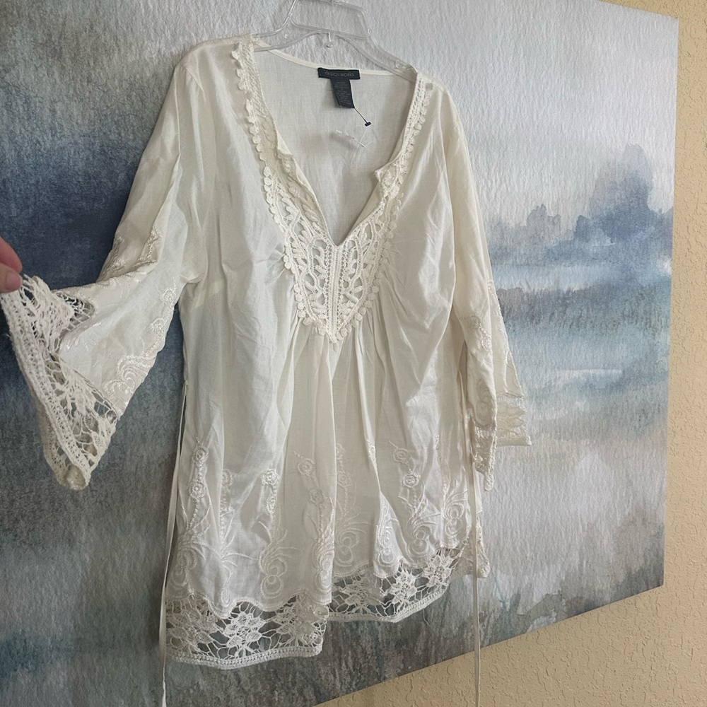 NWT XL Design Works Breezy Crochet Cotton Tunic IVORY
